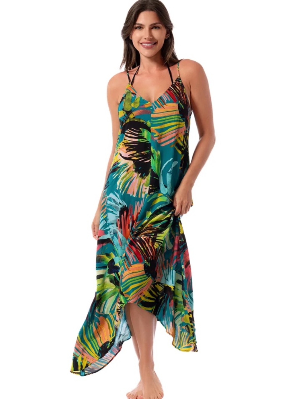 Jantzen Sun Magic Tropical Green Multi-Color V-Neck Scarf-Hem Coverup or dress